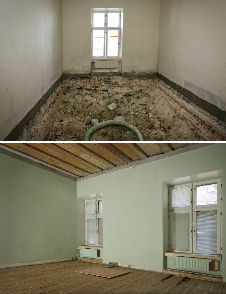 Yläkuva: huone, betoniseinät, ikkuna ja purettu lattia. Alakuva: vihreäseinäinen tyhjä huone, purettua kattoa ja lattiaa.