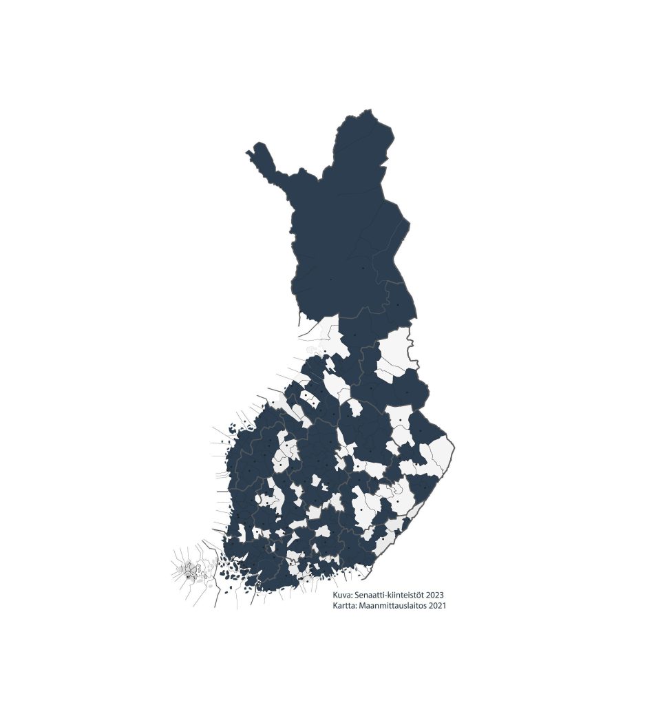 Suomen kartta, johon on merkitty kuntien tilatietopalveluyksikön 212 sopimuskuntaa.