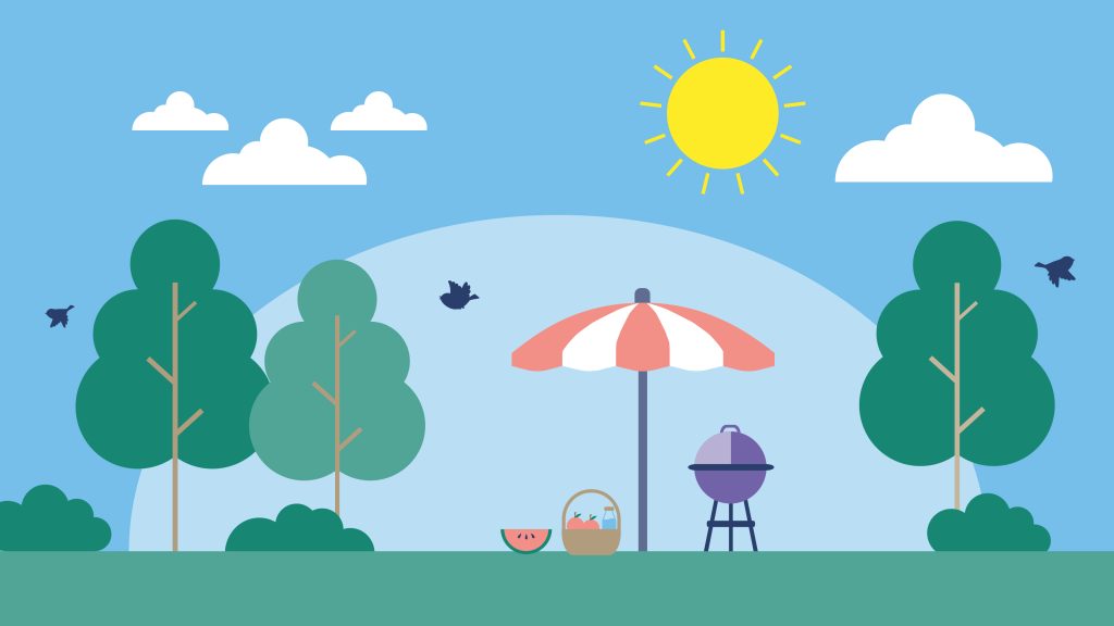 Piirroskuvassa piknik-kori, pallogrilli ja aurinkovarjo puiden ja nurmikon keskellä. Taivaalla paistaa aurinko.